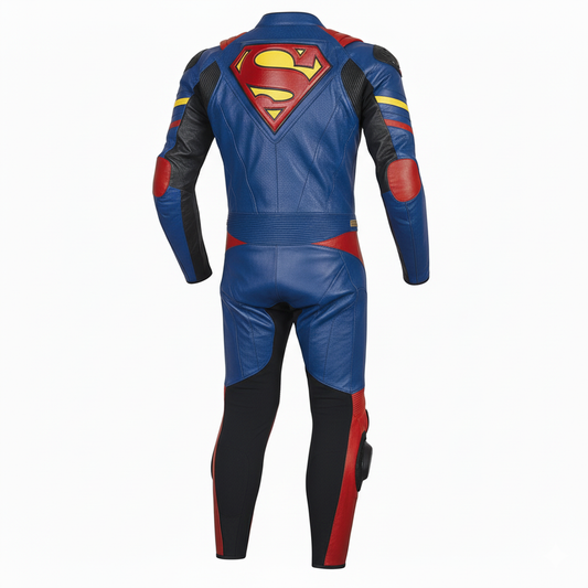 Full-body red and blue leather motorcycle racing gear featuring black protective panels, a spider emblem, and a mandarin collar.