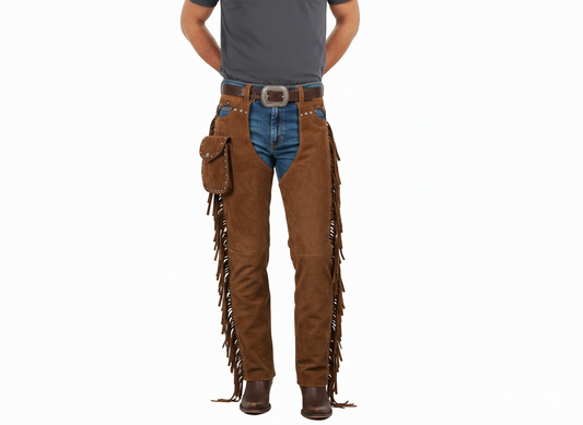 Men's cedar tan suede western chaps with side fringe and a studded utility pocket on the thigh.