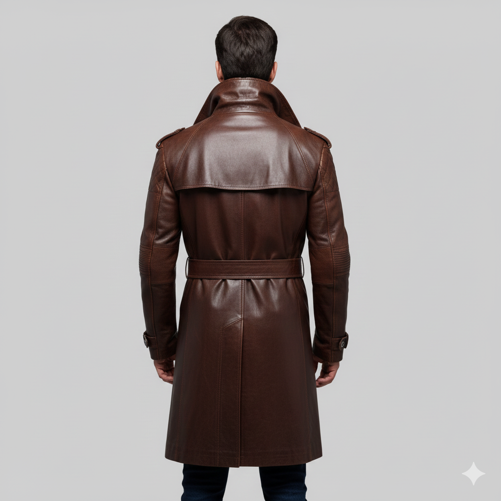 Close-up of the metallic grommet belt and weathered leather texture on a premium men's winter trench.