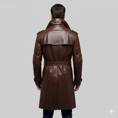 Close-up of the metallic grommet belt and weathered leather texture on a premium men's winter trench.