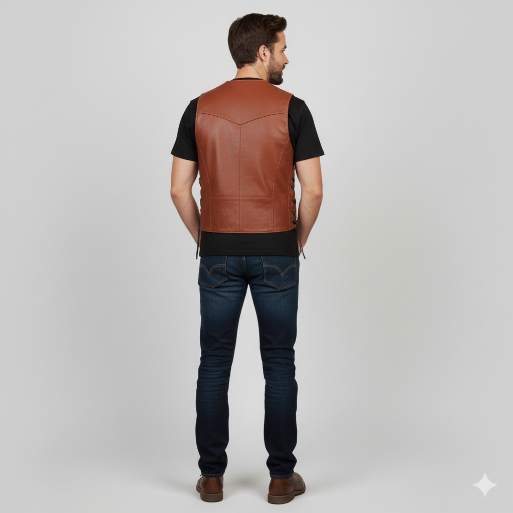 Close-up of the smooth brown leather and plush shearling lining along the zipper of the vest.