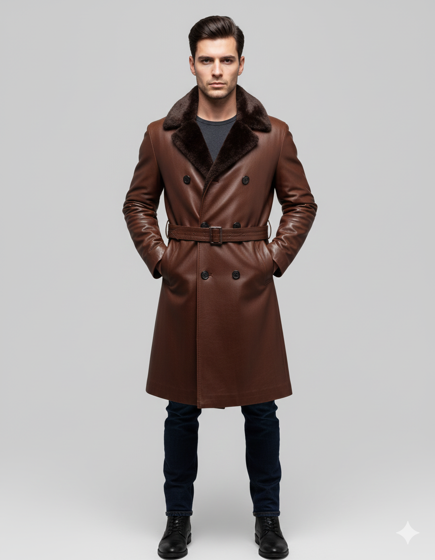 Men's brown leather trench coat with a dark fur collar and double-breasted buttons.