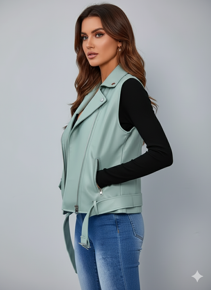 Photo of a woman wearing a light green moto vest over a black long-sleeve crop top and blue denim jeans.