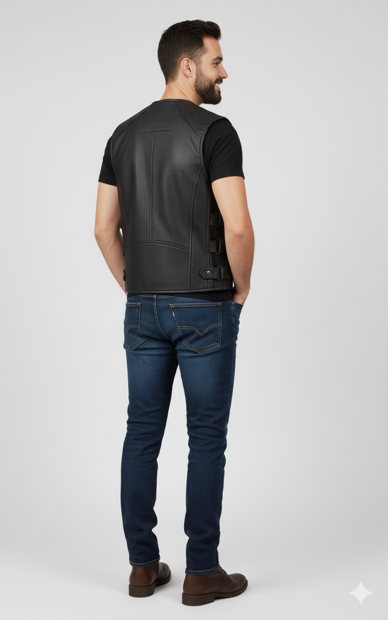 Detail of the perforated texture on the black leather body contrasting with the quilted leather shoulder panel.