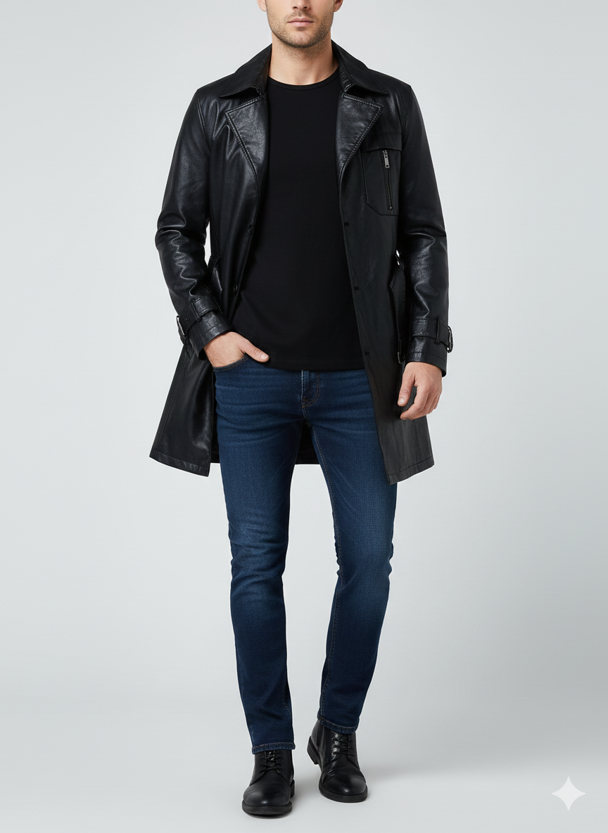 Men's black leather trench coat with a vertical zip chest pocket and buckled cuffs.