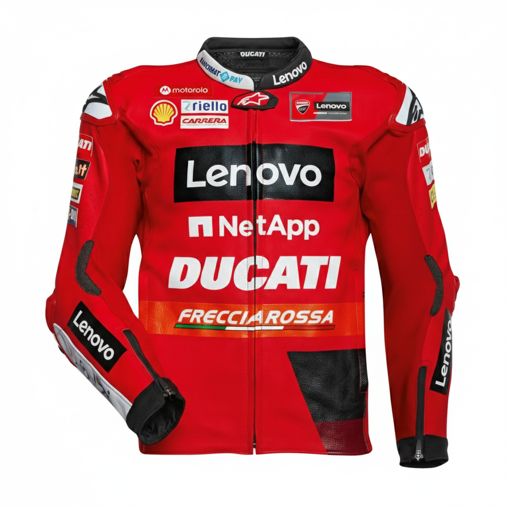 Ducati Corse red and black leather motorcycle racing jacket.