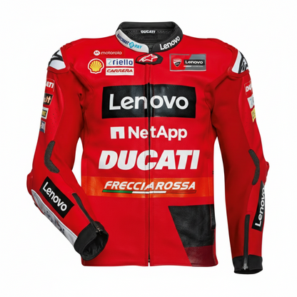 Ducati Corse red and black leather motorcycle racing jacket.