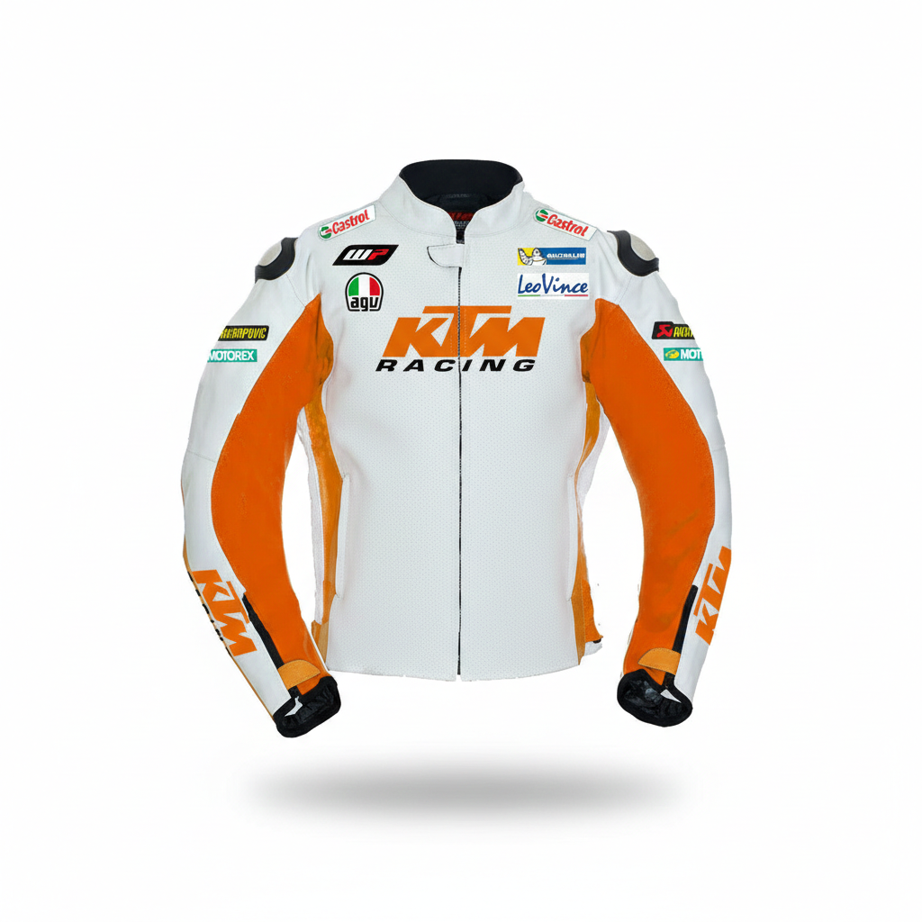 KTM Factory Racing white and orange leather motorcycle racing jacket with integrated armor and sponsor logos.