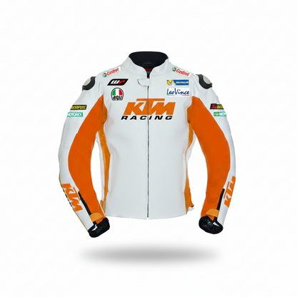 KTM Factory Racing white and orange leather motorcycle racing jacket with integrated armor and sponsor logos.