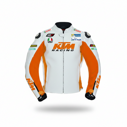 KTM Factory Racing white and orange leather motorcycle racing jacket with integrated armor and sponsor logos.