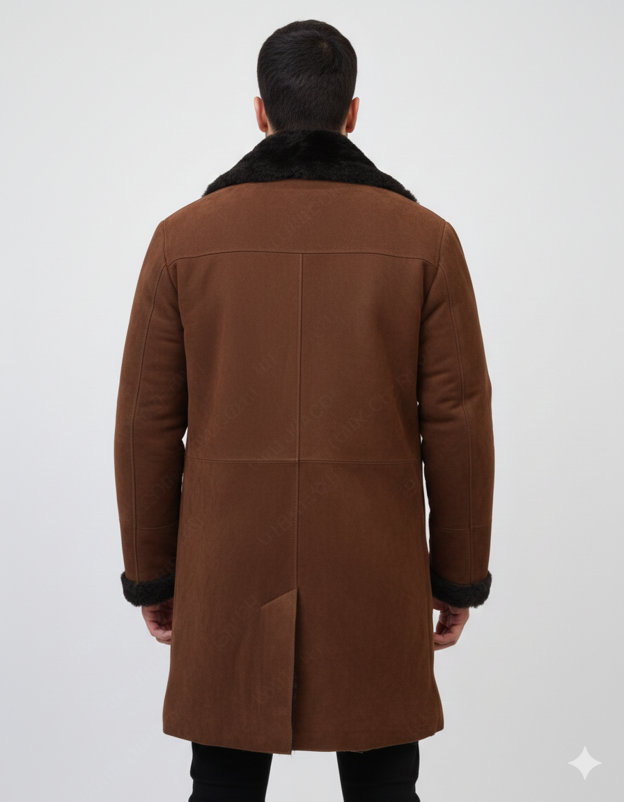 Close-up of the tonal chestnut buttons and dense black fur lining on a premium men's suede winter jacket.