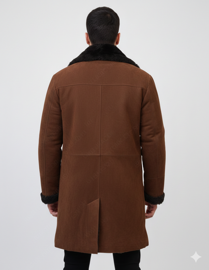 Close-up of the tonal chestnut buttons and dense black fur lining on a premium men's suede winter jacket.