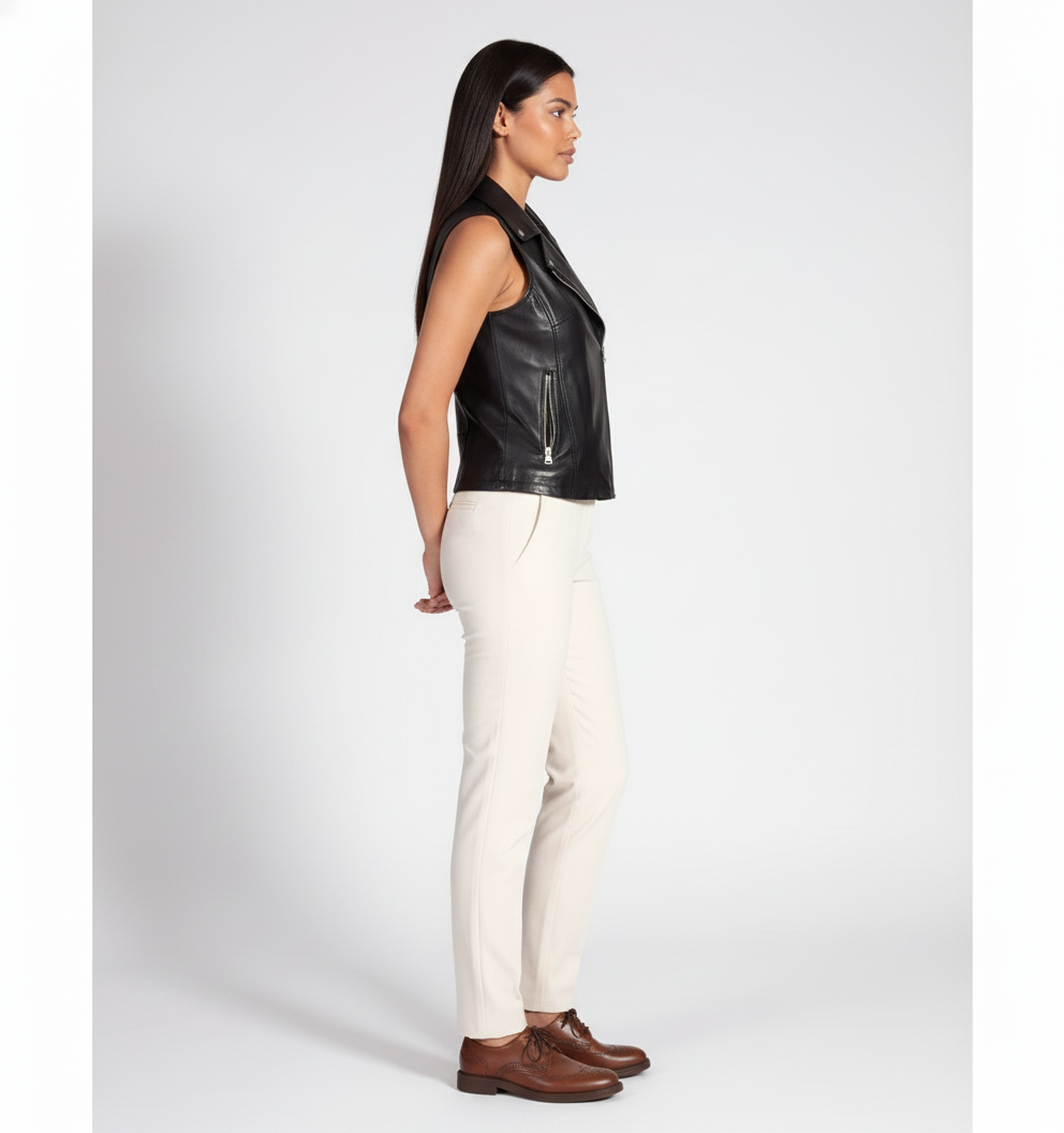 Women's classic black leather biker vest with a wide lapel collar and an asymmetrical zipper closure.