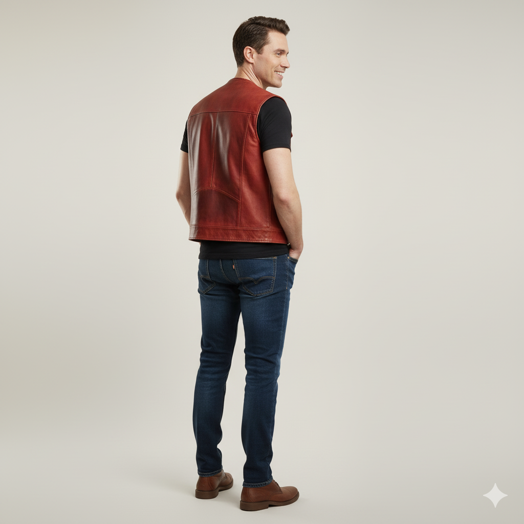 Men's burgundy red leather biker vest with asymmetrical front zipper, wide notched lapels, and metal snap button accents.