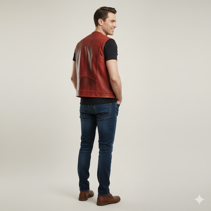 Men's burgundy red leather biker vest with asymmetrical front zipper, wide notched lapels, and metal snap button accents.
