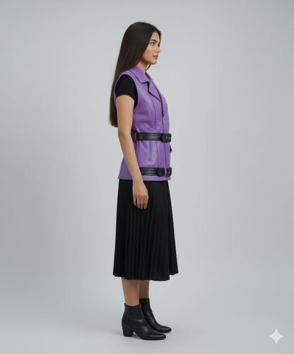 Full-body view highlighting the rich purple color and the defining black belt of the purple leather vest.