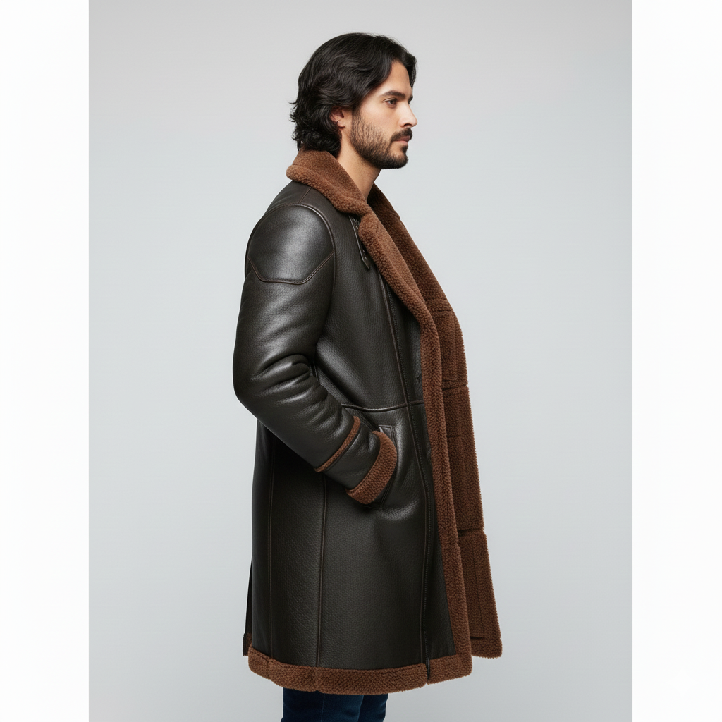 Male model wearing a luxury espresso leather shearling coat