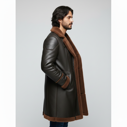 Male model wearing a luxury espresso leather shearling coat