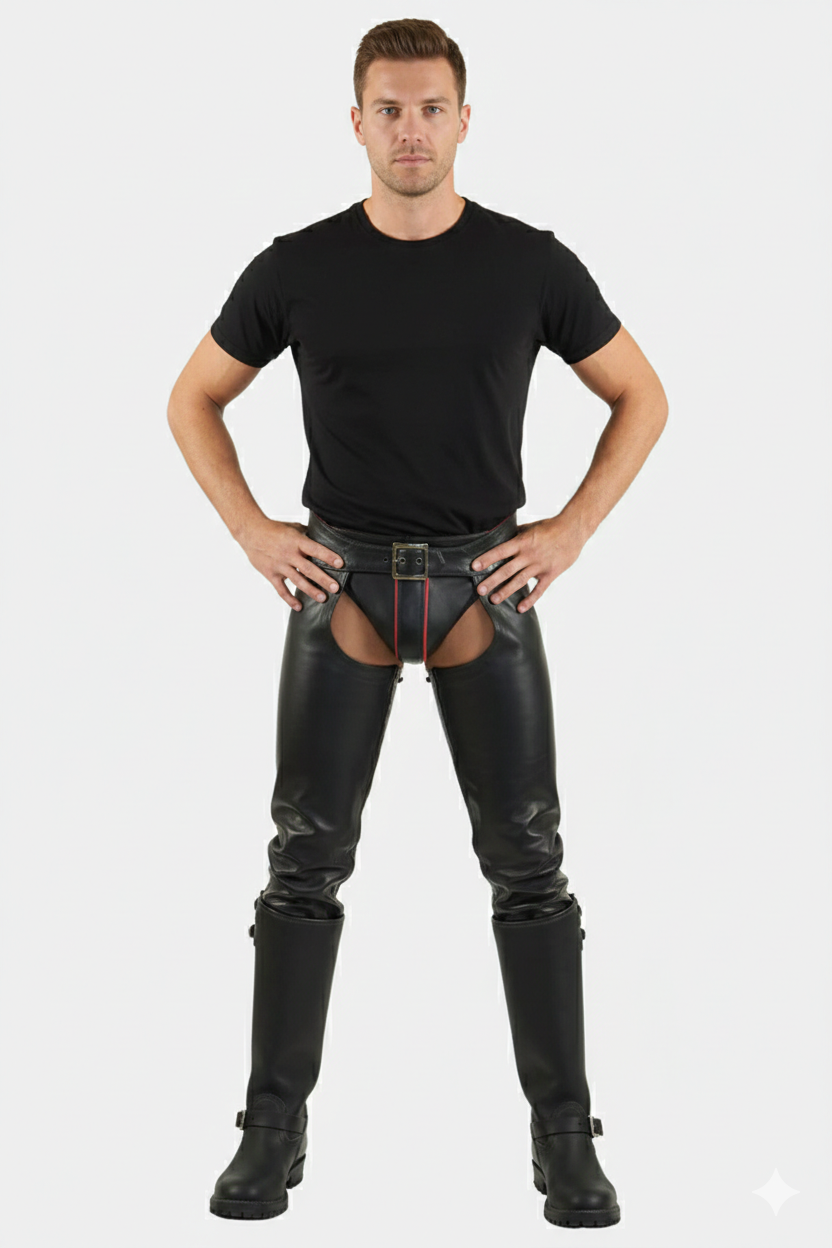 Men's obsidian black leather biker chaps with an integrated codpiece and adjustable buckled waist.