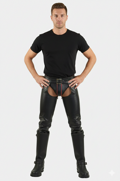 Men's obsidian black leather biker chaps with an integrated codpiece and adjustable buckled waist.