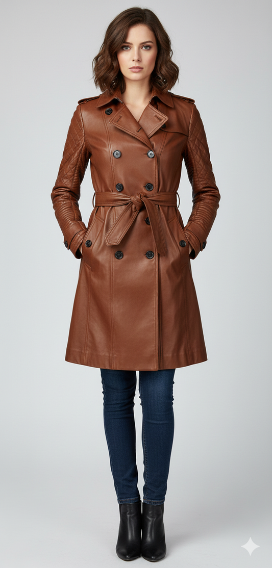 Women's cognac brown leather trench coat with a belted waist and quilted sleeve detailing.