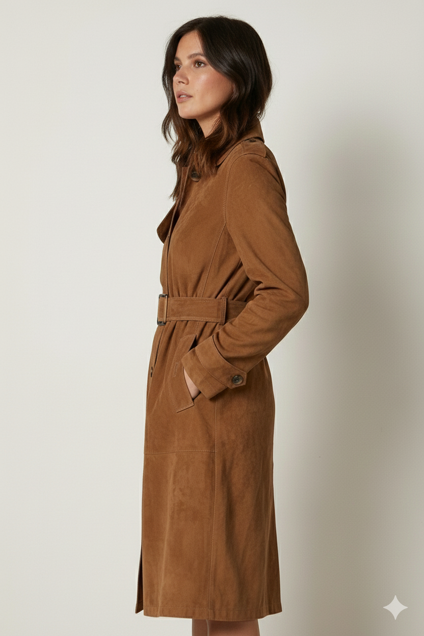 Model wearing a sophisticated cognac brown belted suede trench jacket over a minimalist base.