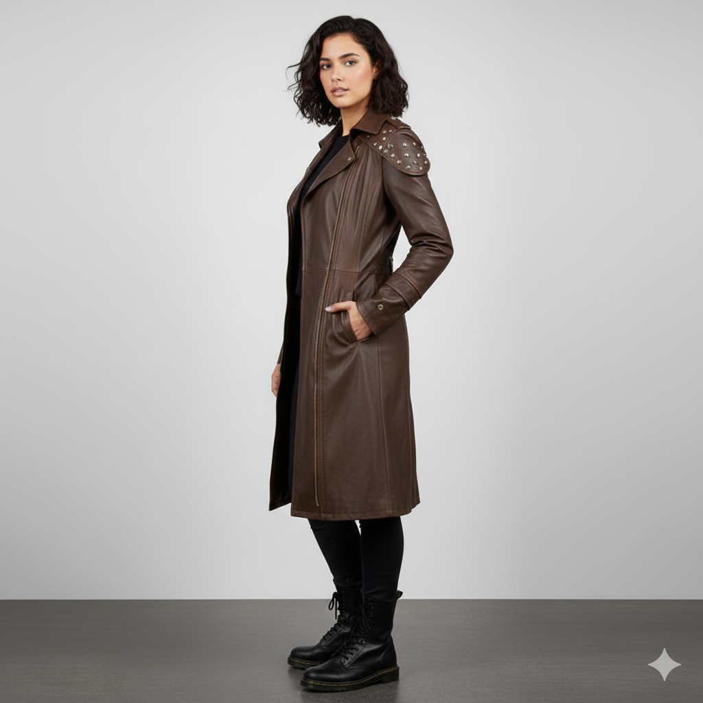 Model wearing an edgy studded leather longline coat.