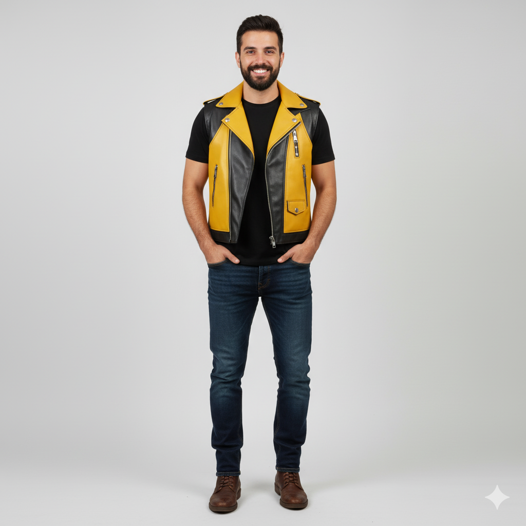 Men's two-tone leather biker vest in yellow and black with an asymmetrical zipper and wide lapel collar.
