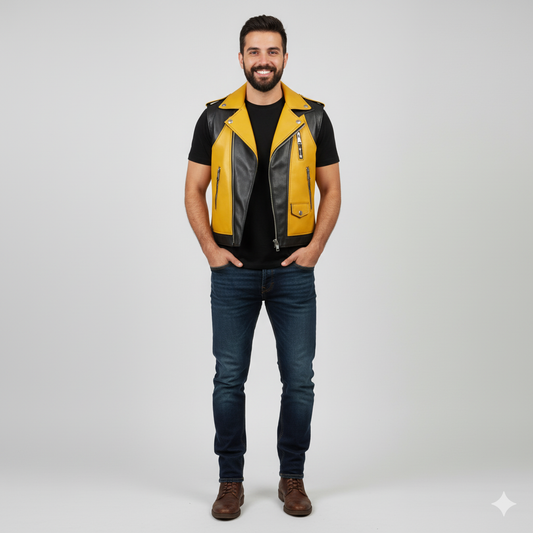 Men's two-tone leather biker vest in yellow and black with an asymmetrical zipper and wide lapel collar.