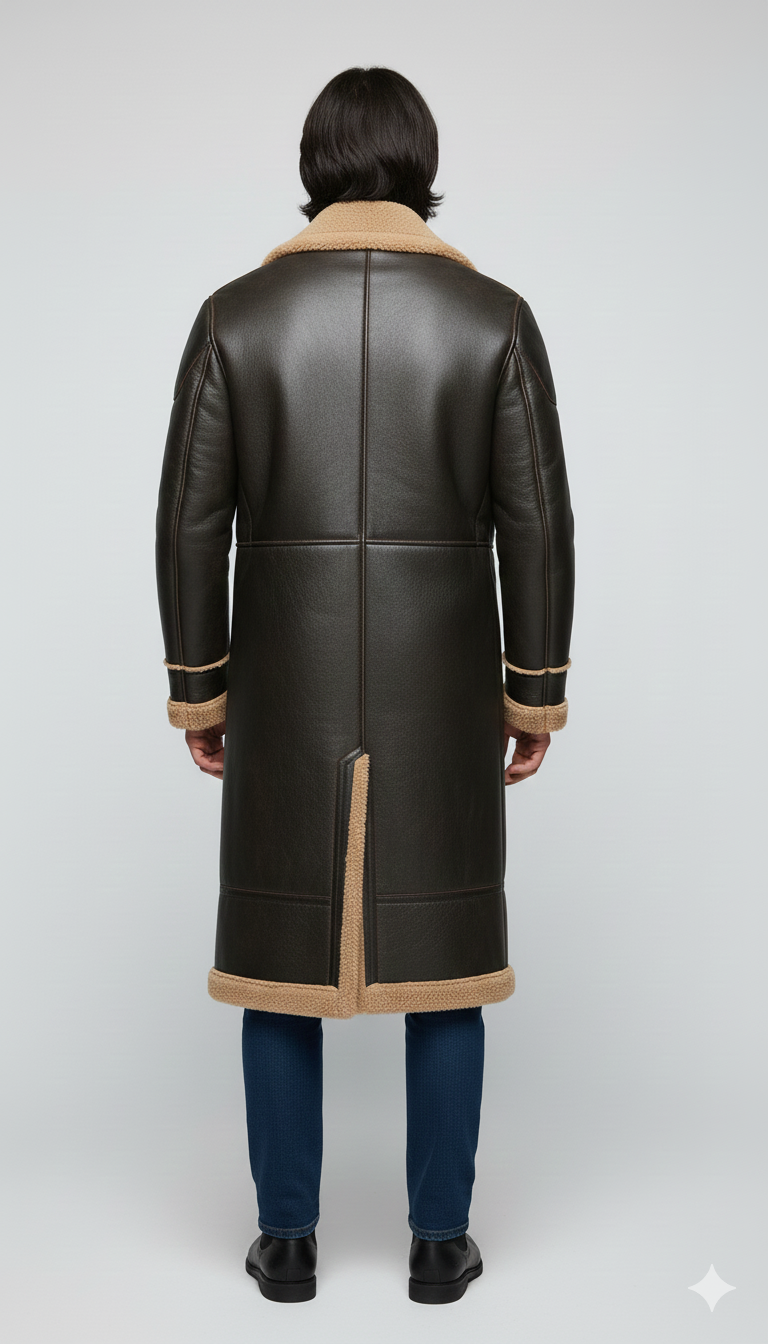 Close-up of the buckled collar straps and thick tan shearling lapels on a premium men's long coat.