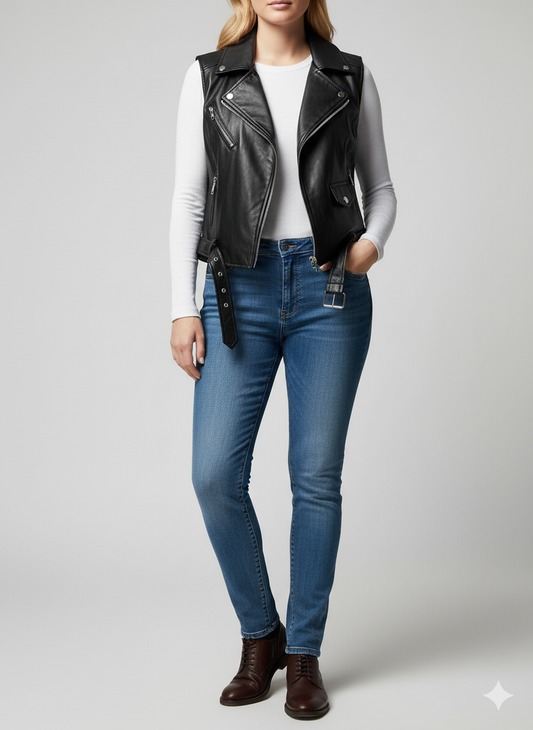 Full body shot of a woman wearing a black leather moto vest over a white long-sleeve top and blue skinny jeans.