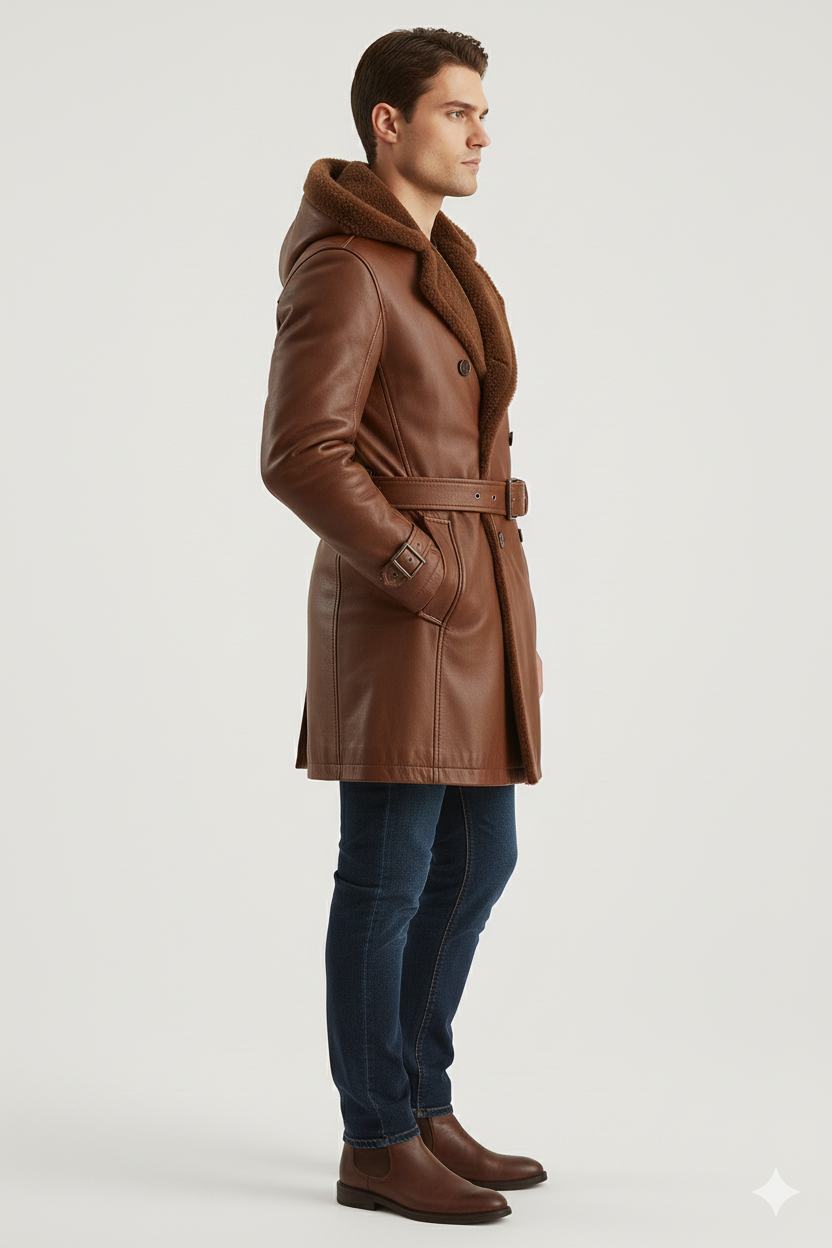 Male model wearing a luxury cognac leather hooded coat.