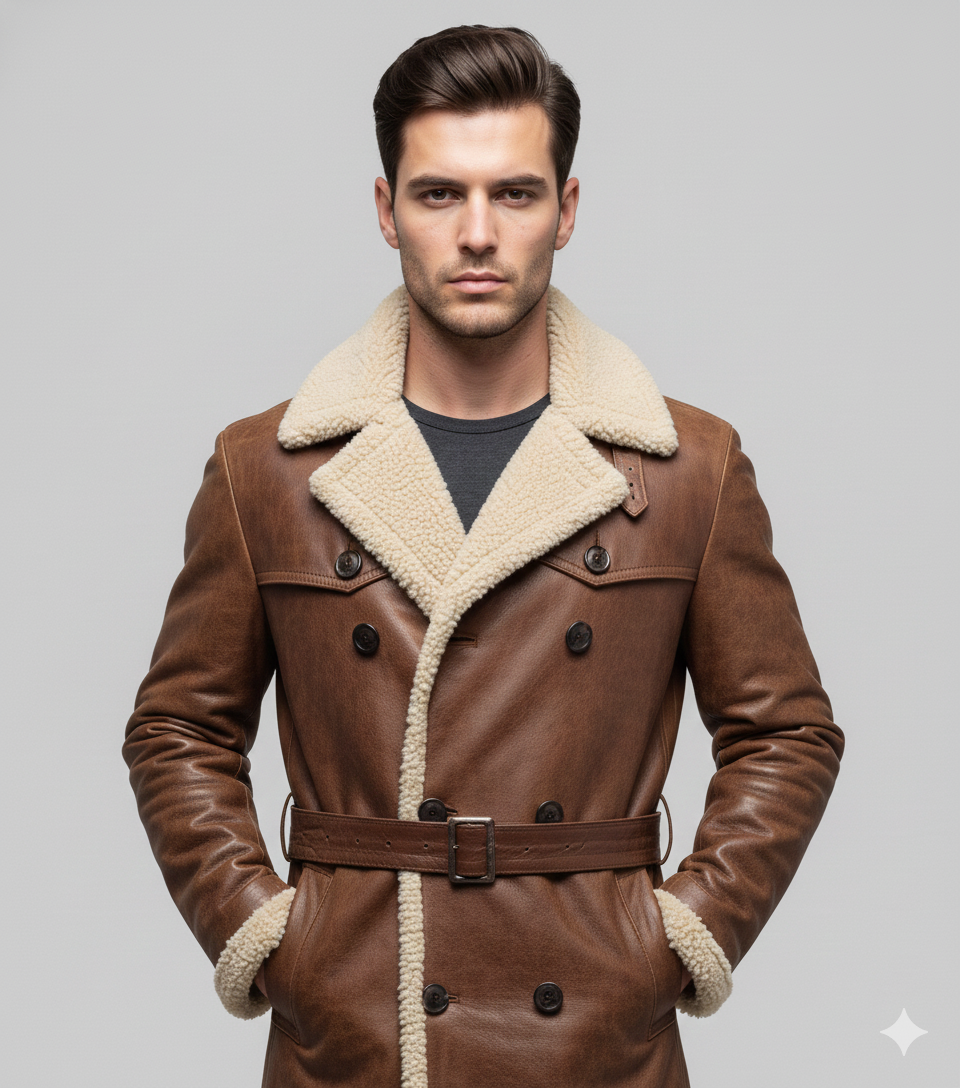 Longline brown leather winter overcoat for men featuring a plush cream shearling collar and belted waist.