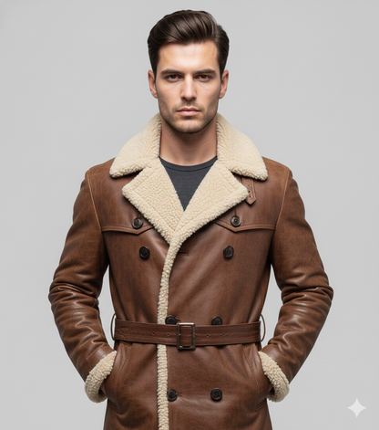 Longline brown leather winter overcoat for men featuring a plush cream shearling collar and belted waist.
