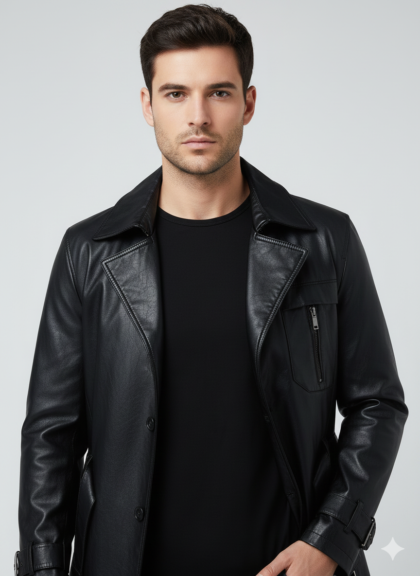 Mid-length black leather overcoat for men featuring a single-breasted front and smooth finish.