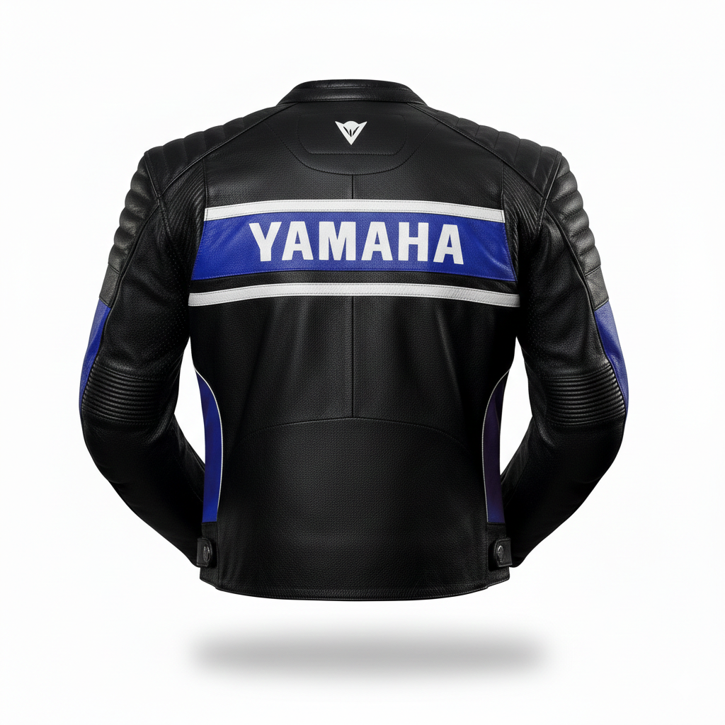 Detailed view of the Yamaha chest wordmark, ribbed shoulder accordion panels, and premium black leather on a racing jacket.