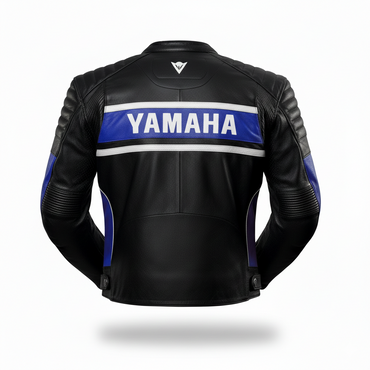 Detailed view of the Yamaha chest wordmark, ribbed shoulder accordion panels, and premium black leather on a racing jacket.