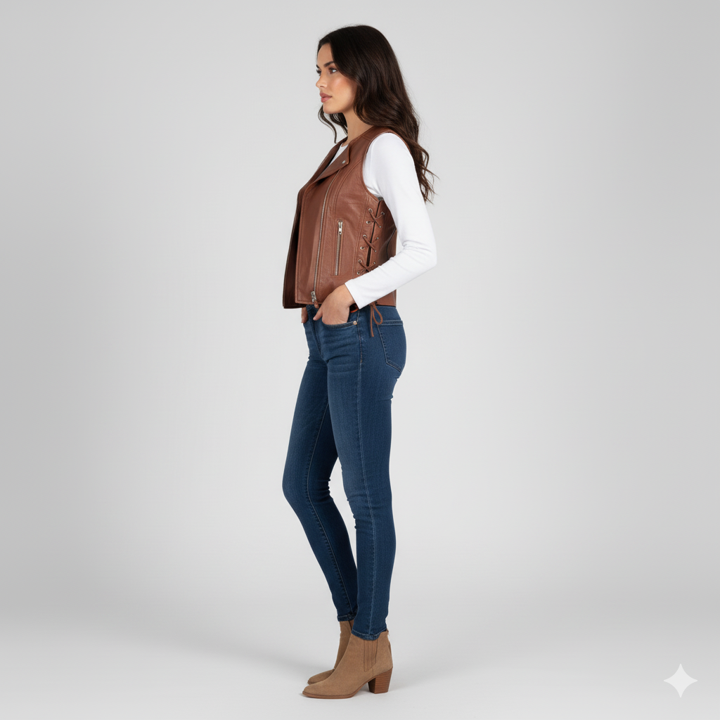 Brown sleeveless jacket with biker collar, side lacing detail, and silver zippered pockets.
