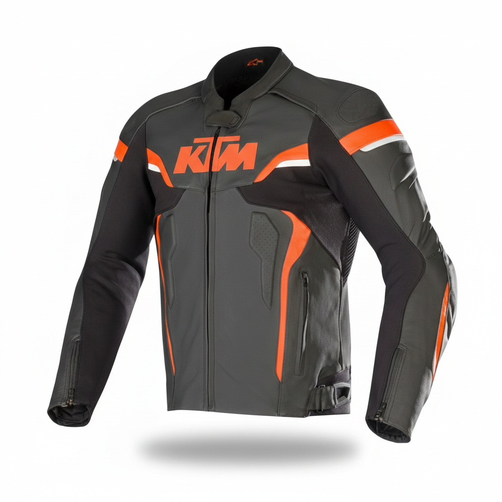 KTM Racing black leather motorcycle jacket with red accents and integrated shoulder armor.