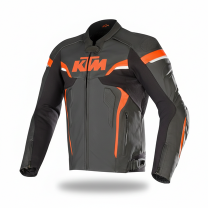KTM Racing black leather motorcycle jacket with red accents and integrated shoulder armor.