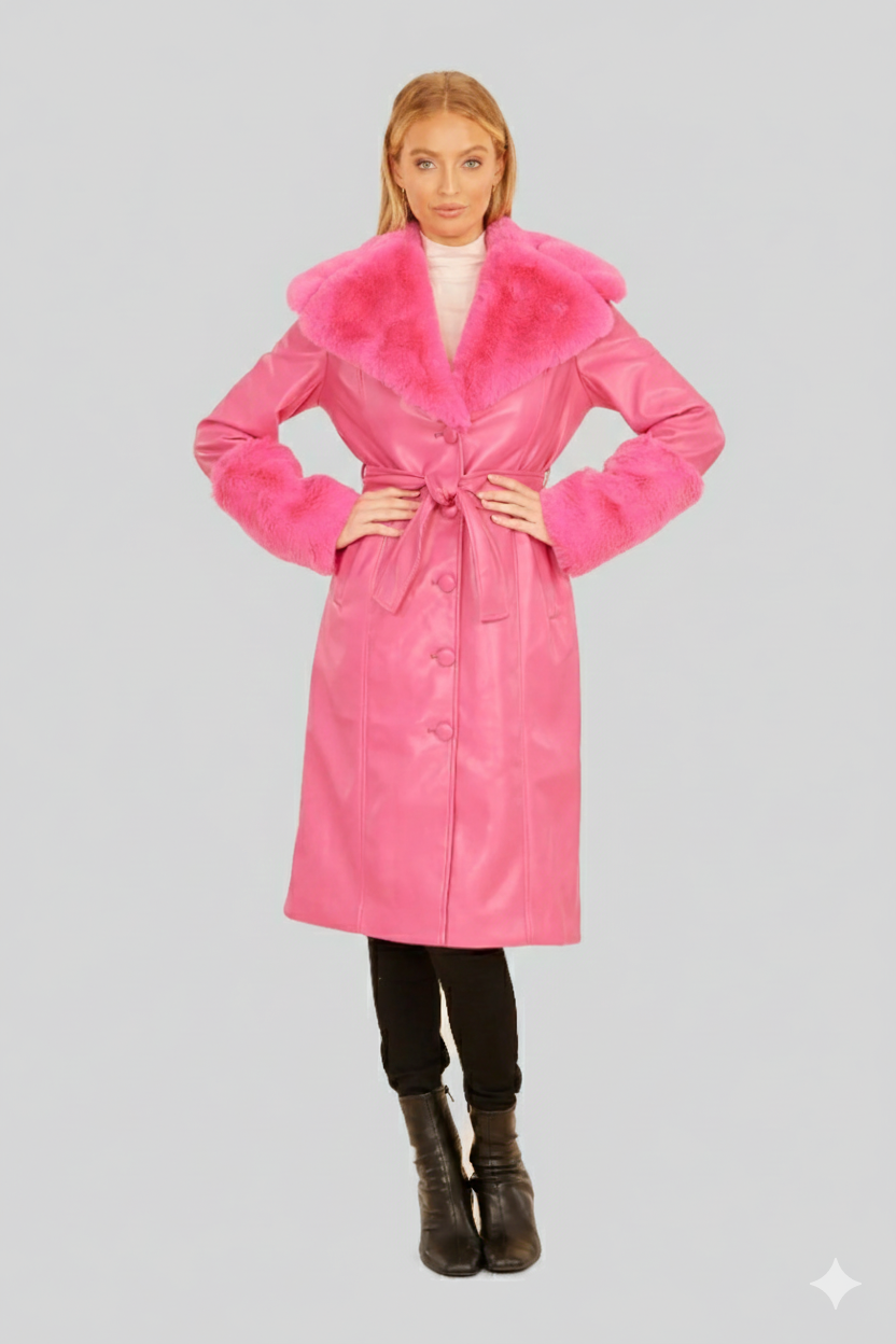 Women's hot pink leather trench coat with oversized pink fur collar and cuffs.