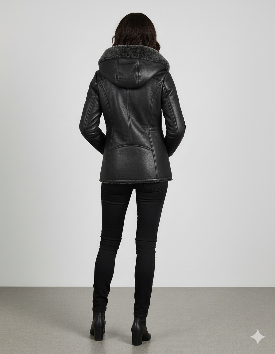 Close-up of the smooth black exterior and dense charcoal fur hood on a luxury women's hooded winter coat.