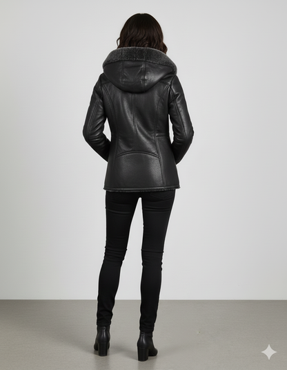 Close-up of the smooth black exterior and dense charcoal fur hood on a luxury women's hooded winter coat.