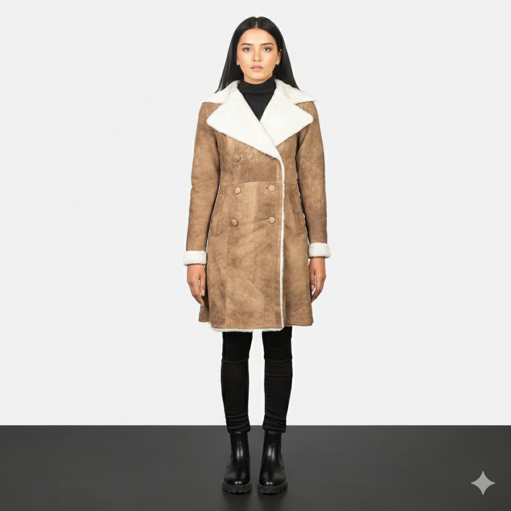 Women's tan suede-effect winter coat with white shearling-lined collar and cuffs.