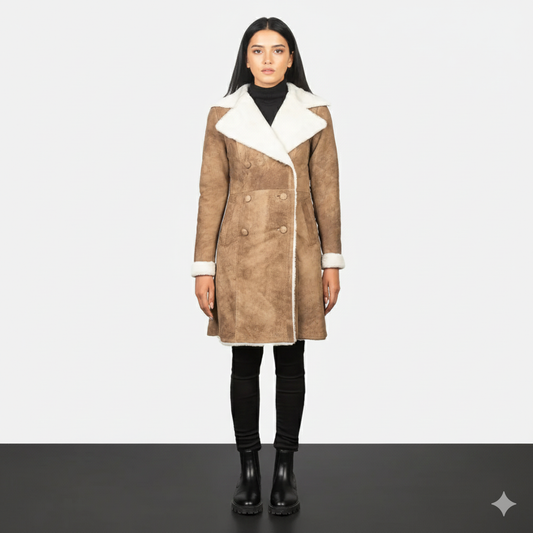 Women's tan suede-effect winter coat with white shearling-lined collar and cuffs.