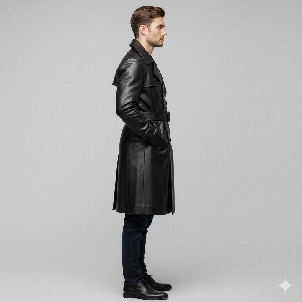 Male model wearing a luxury black leather belted trench coat