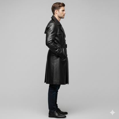 Male model wearing a luxury black leather belted trench coat