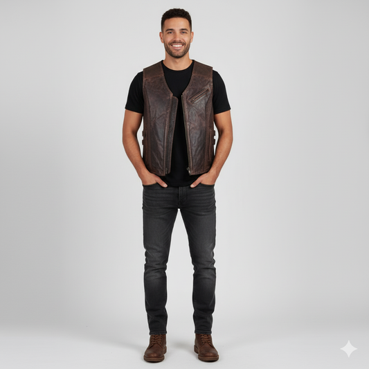 Men's distressed dark brown leather vest with a stand collar, full-zip front, and angled zippered chest pockets.