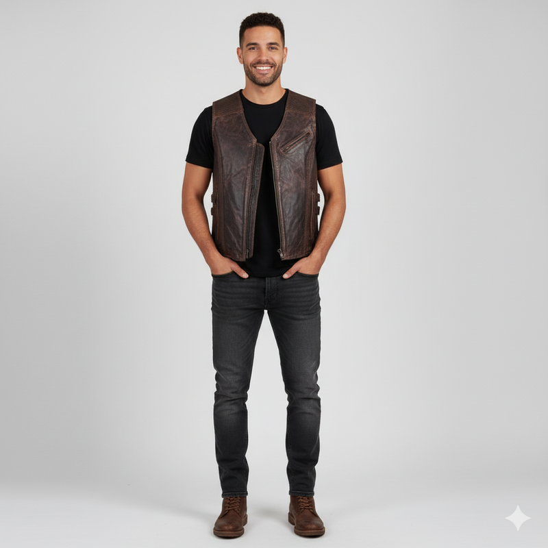 Men's distressed dark brown leather vest with a stand collar, full-zip front, and angled zippered chest pockets.