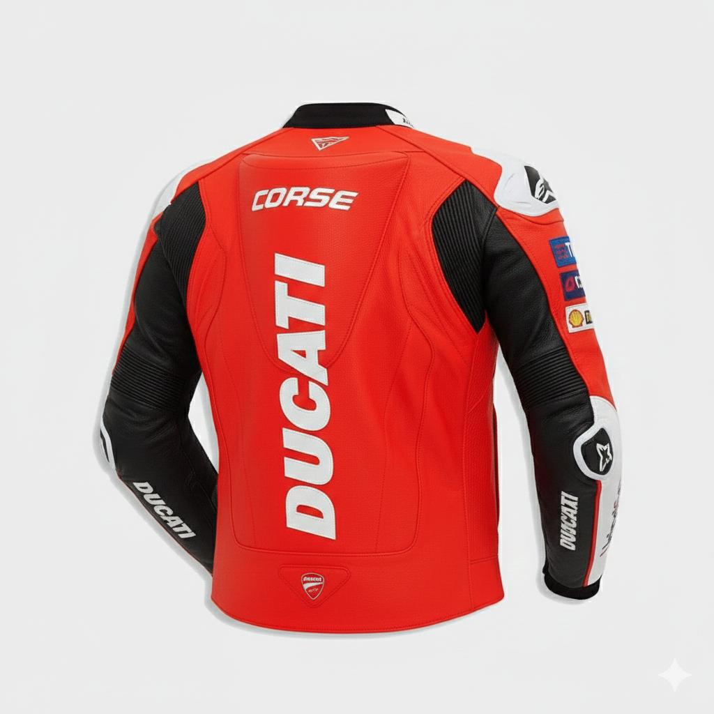 Detailed view of the Ducati chest branding, Flex-Box sponsor patch, and external hard-shell shoulder on a tri-color racing jacket.